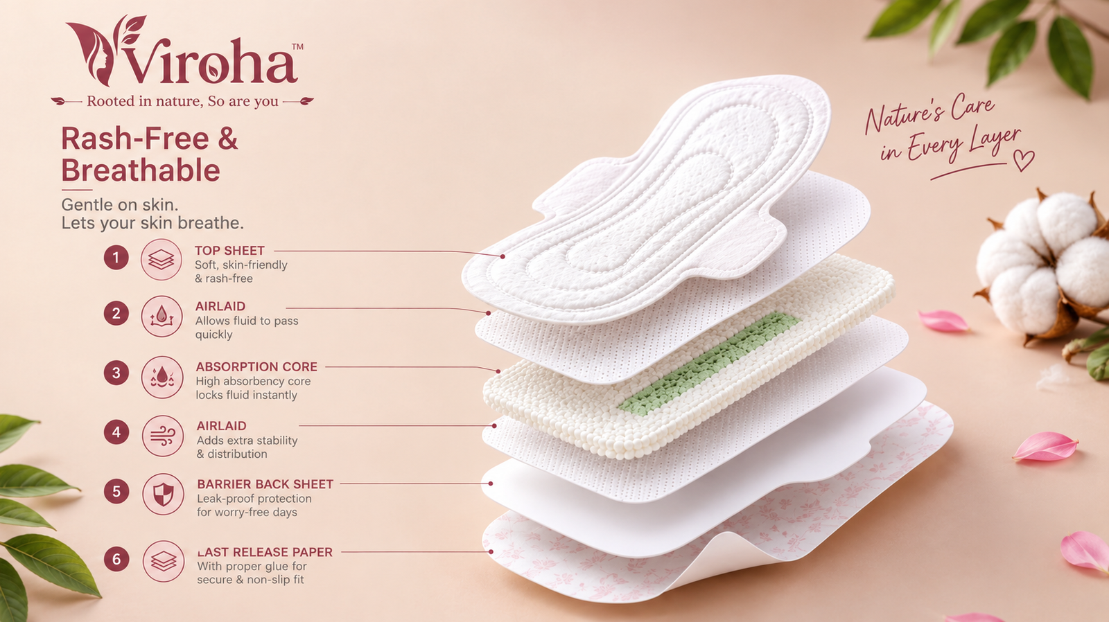 Illustration of Viroha sanitary pad layers, from the soft top sheet to the absorbent core and leak-proof back sheet